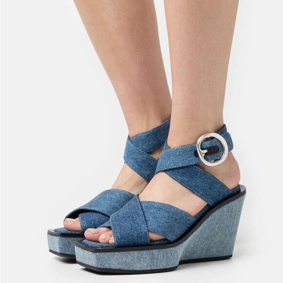 Rag & Bone Santiago Ankle Strap Platform Wedge Sandals Denim, New, Size US 8.5 - Picture 2 of 16